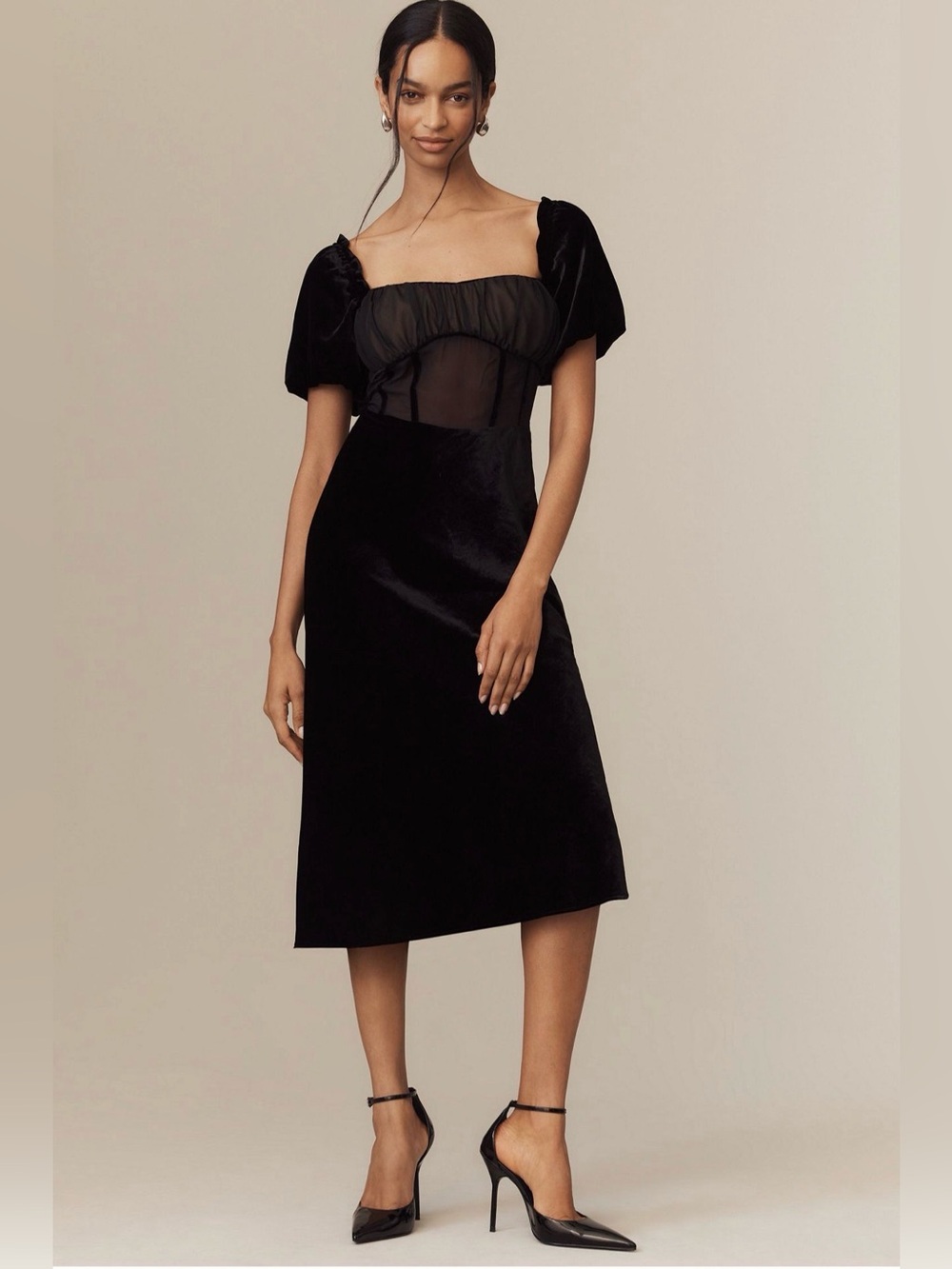 NWT Anthropologie Puff Sleeve Mesh Velvet Midi Dress Black XS